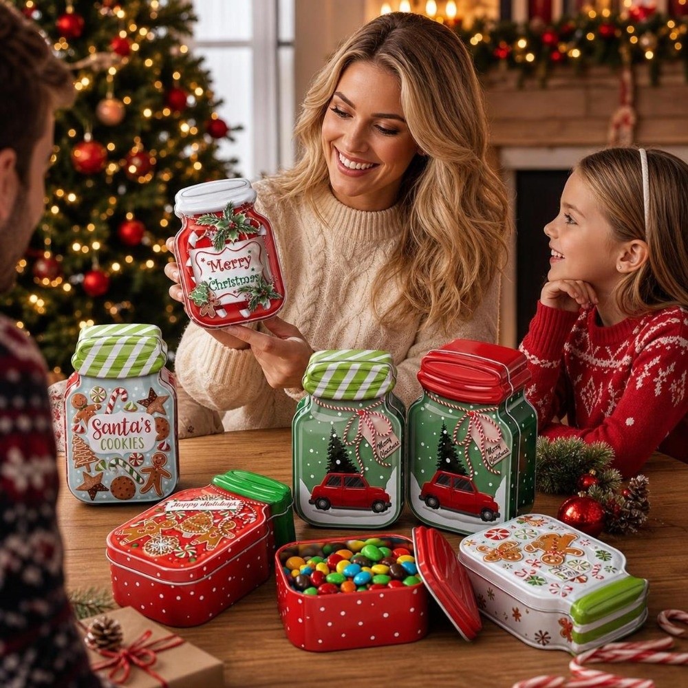 Tin Container Lid - Boîte de Noël en métal avec